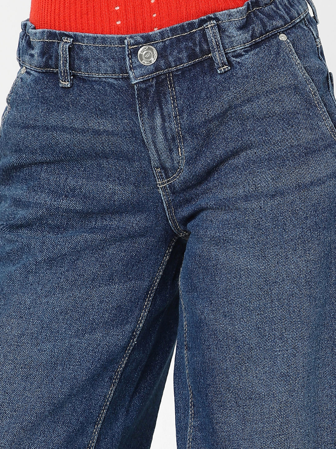 Girls Blue Mid Rise Wide Leg Jeans