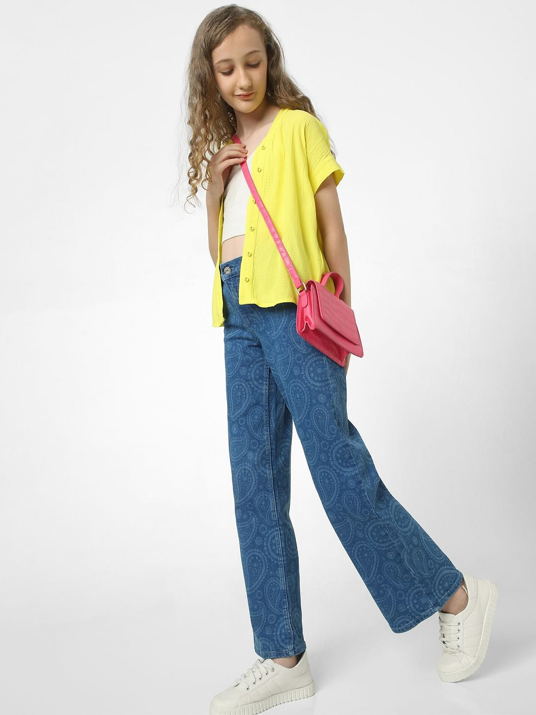 Blue Mid Rise Printed Wide Leg Jeans