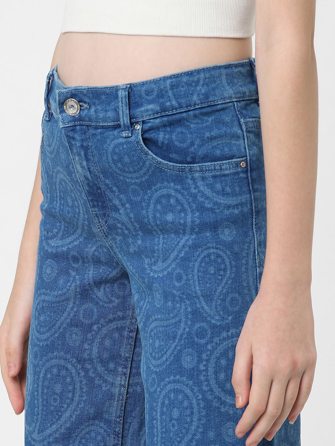 Blue Mid Rise Printed Wide Leg Jeans