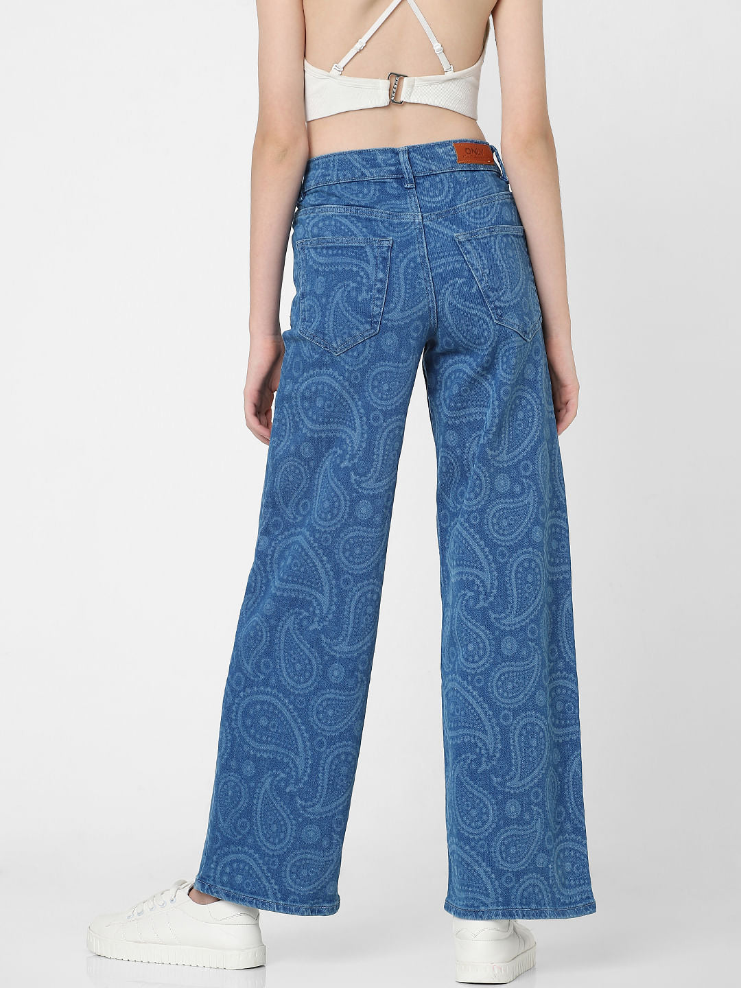 Blue Mid Rise Printed Wide Leg Jeans