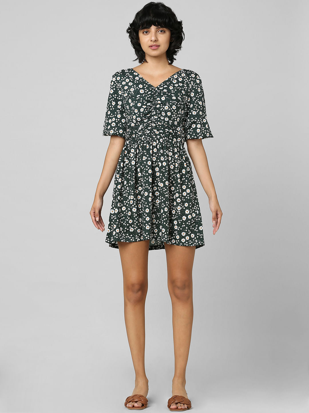 Green Floral Print Mini Dress