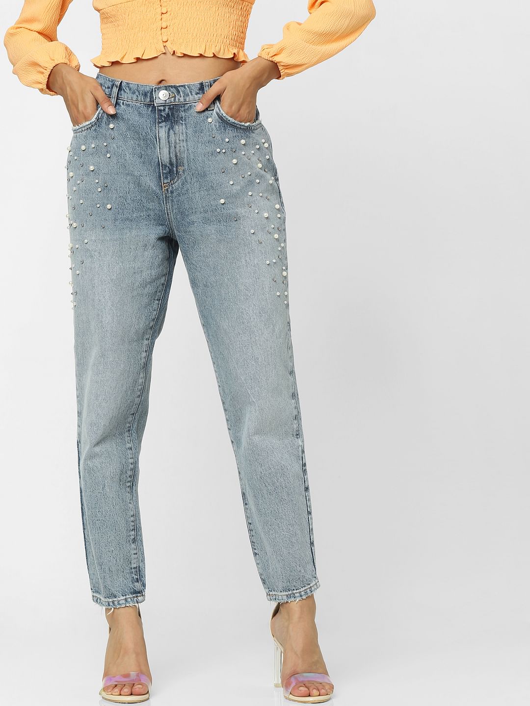 Blue High Rise Embellished Straight Jeans