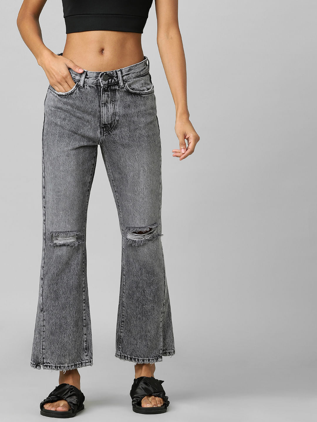 Black High Rise Ripped Flared Jeans