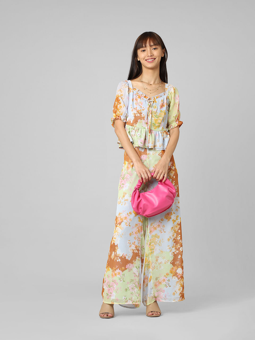 Green High Rise Floral Wide Leg Pants