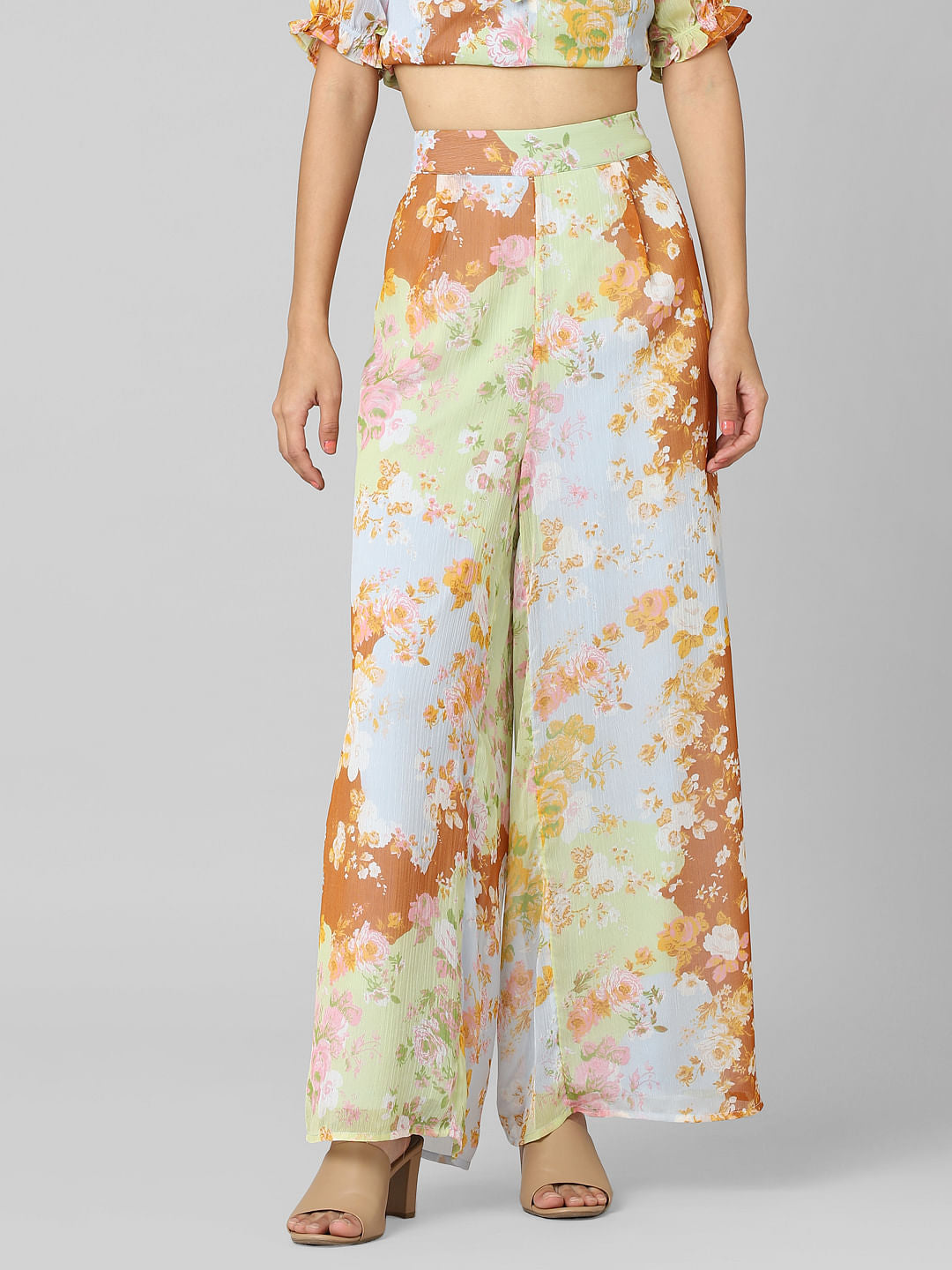 Green High Rise Floral Wide Leg Pants