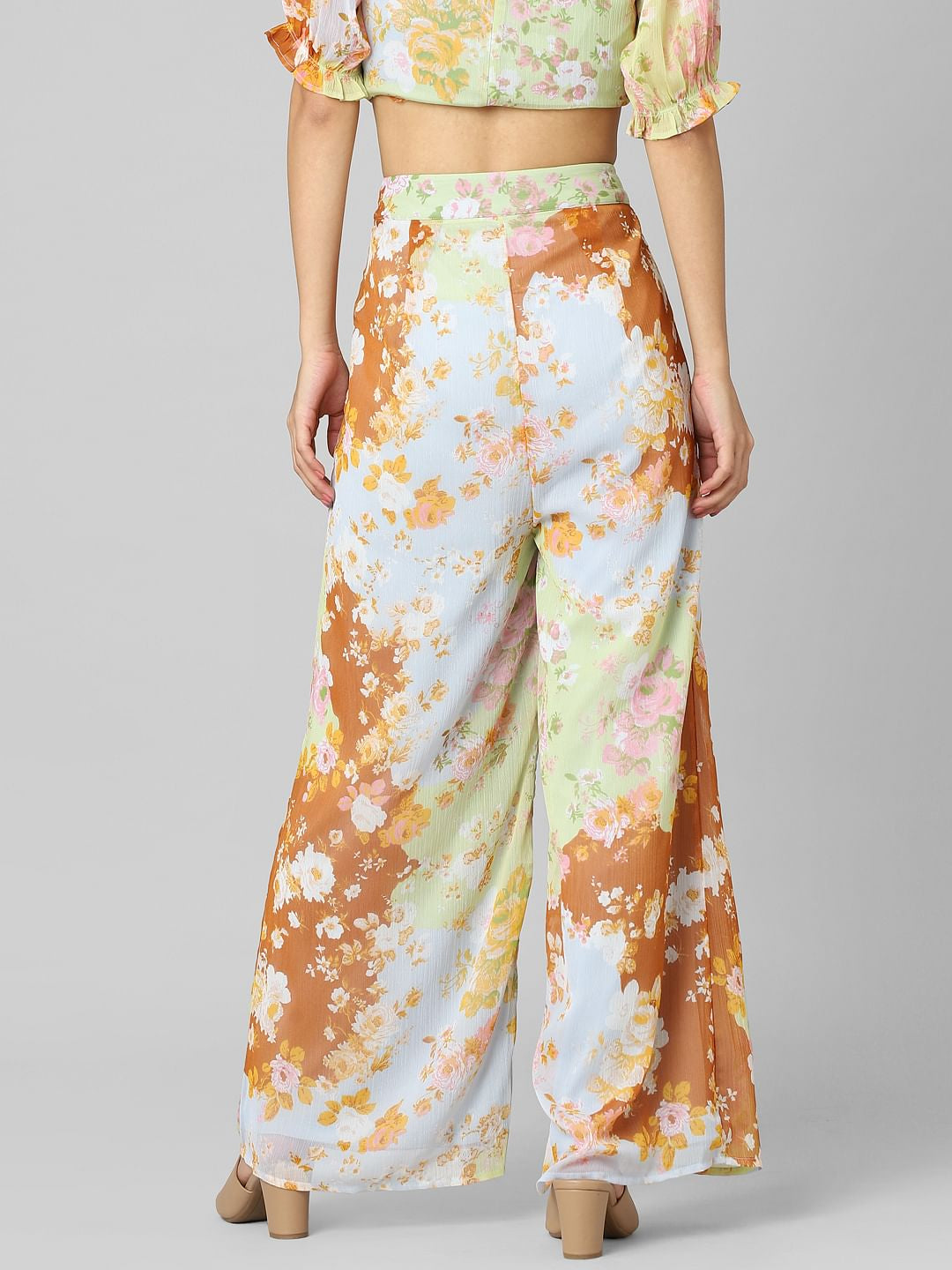 Green High Rise Floral Wide Leg Pants