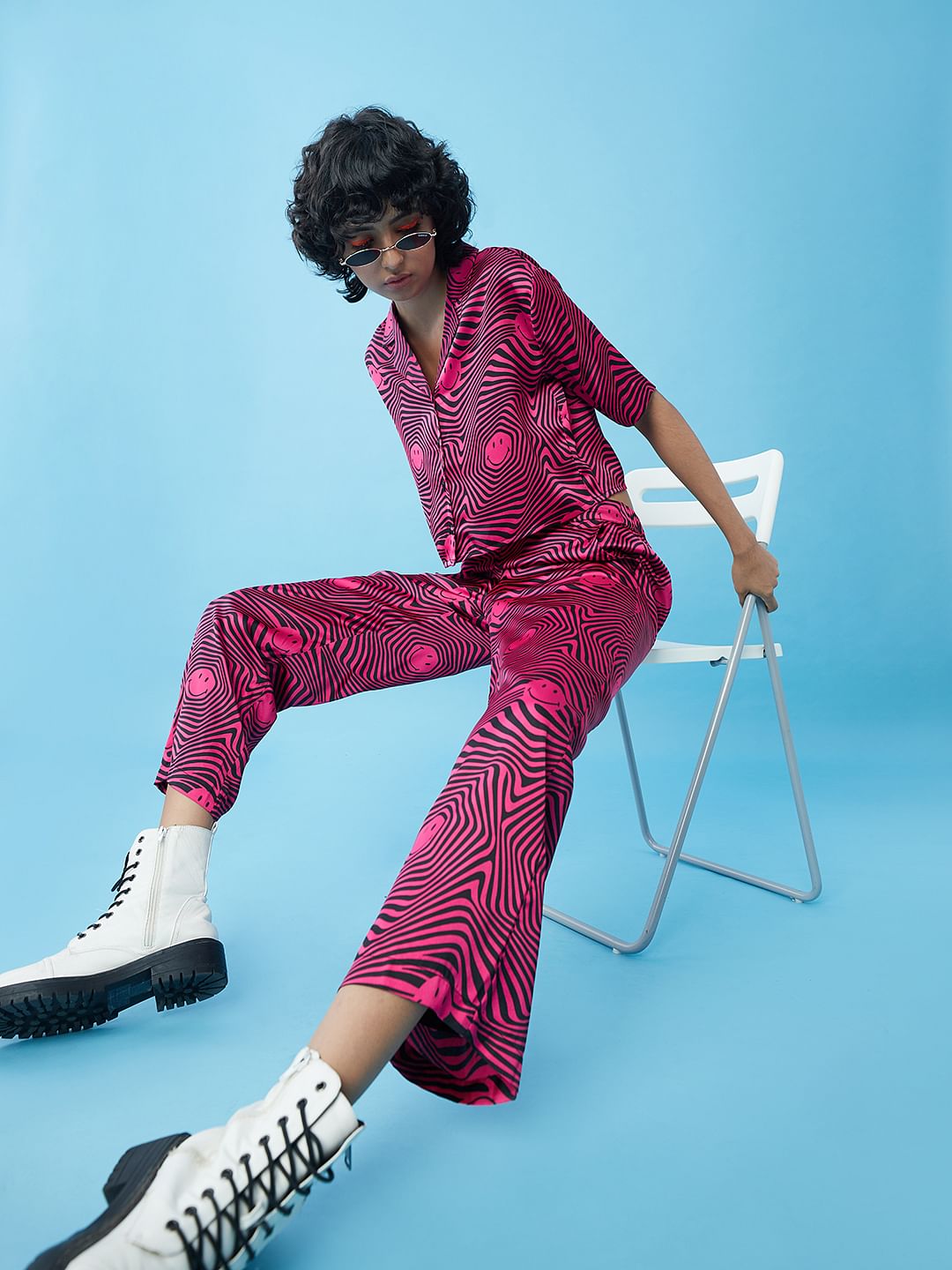 Only X Smiley   Black Mid Rise Printed Satin Pants