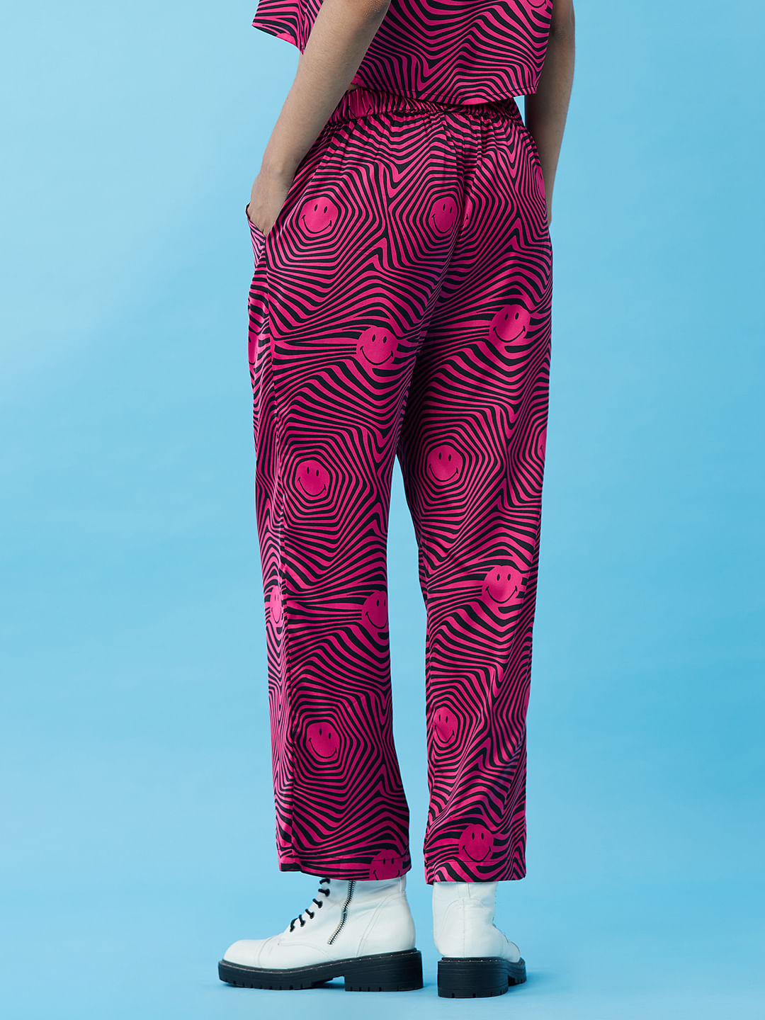 Only X Smiley   Black Mid Rise Printed Satin Pants