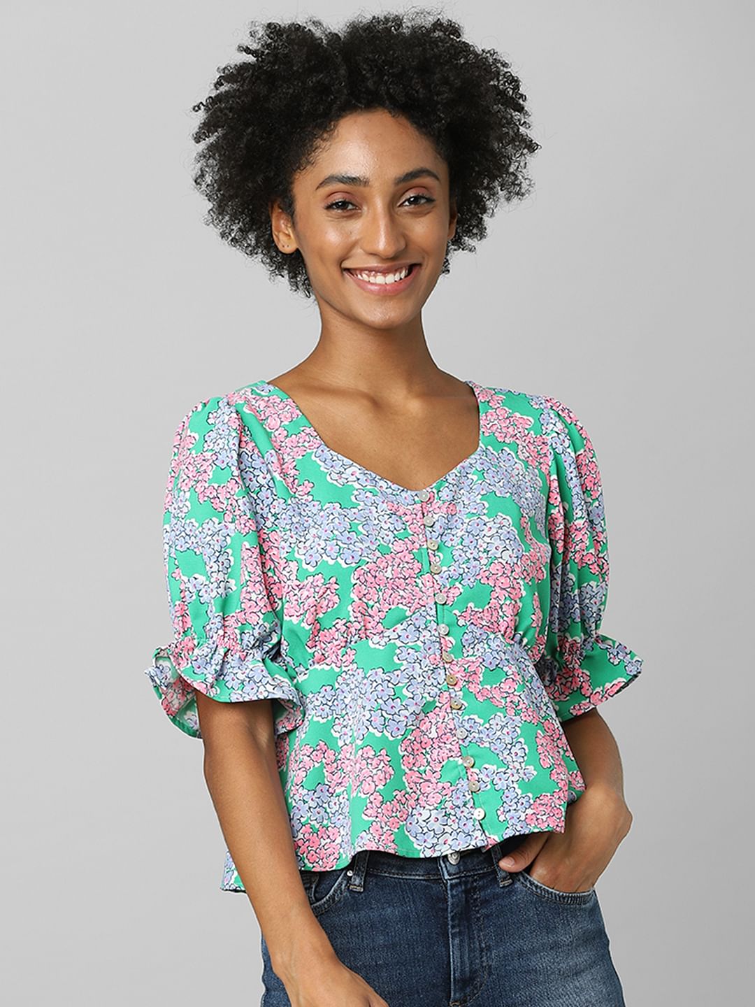Green Floral Print Top