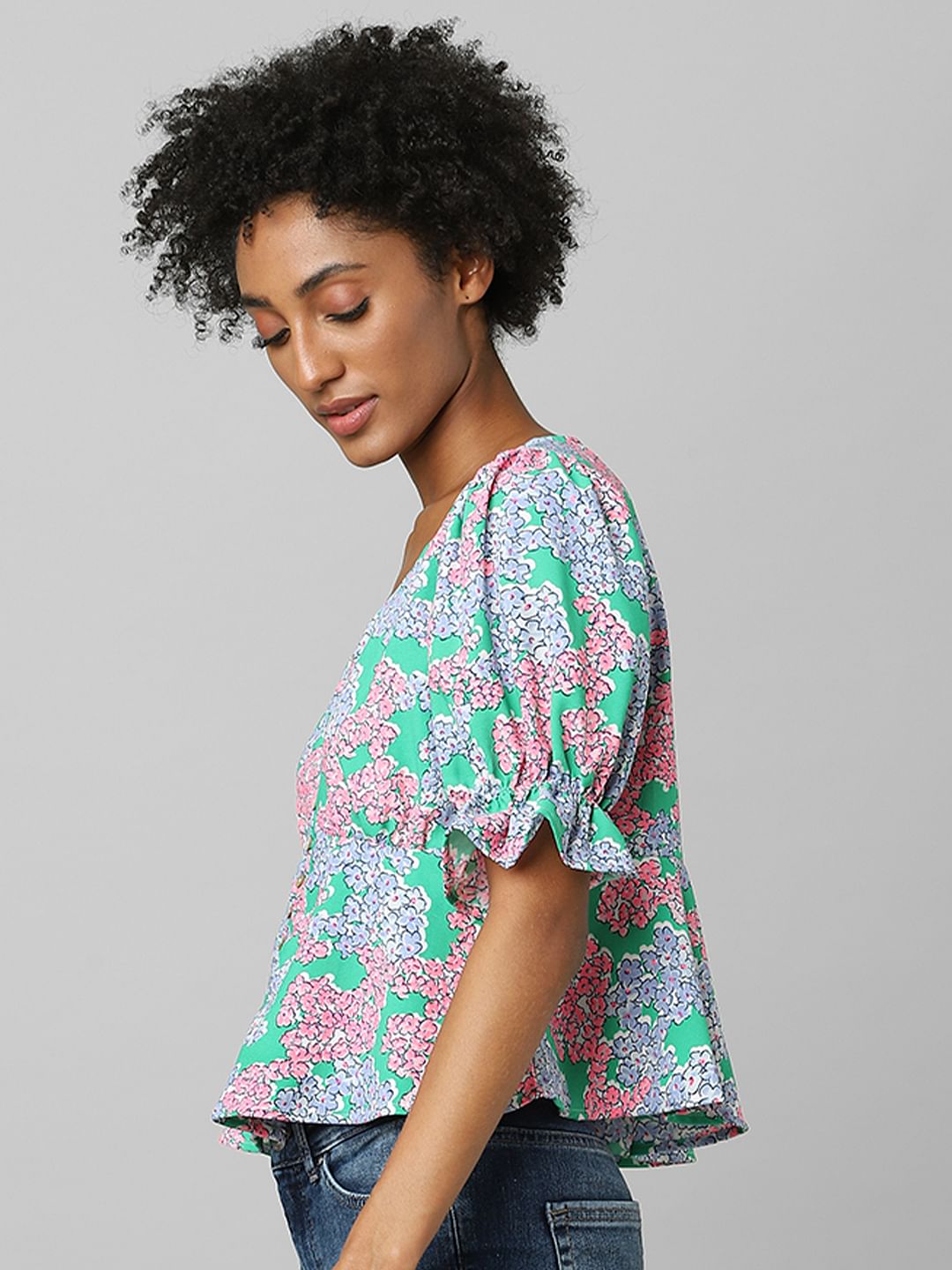 Green Floral Print Top