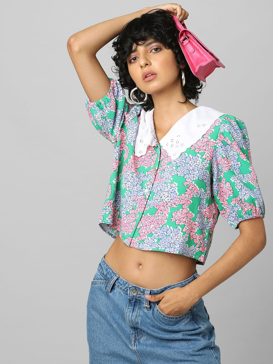 Green Floral Cropped Shirt
