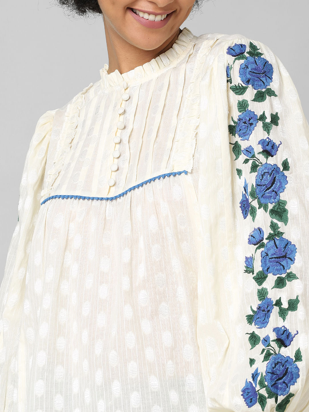 Beige Polka Dot Embroidered Top