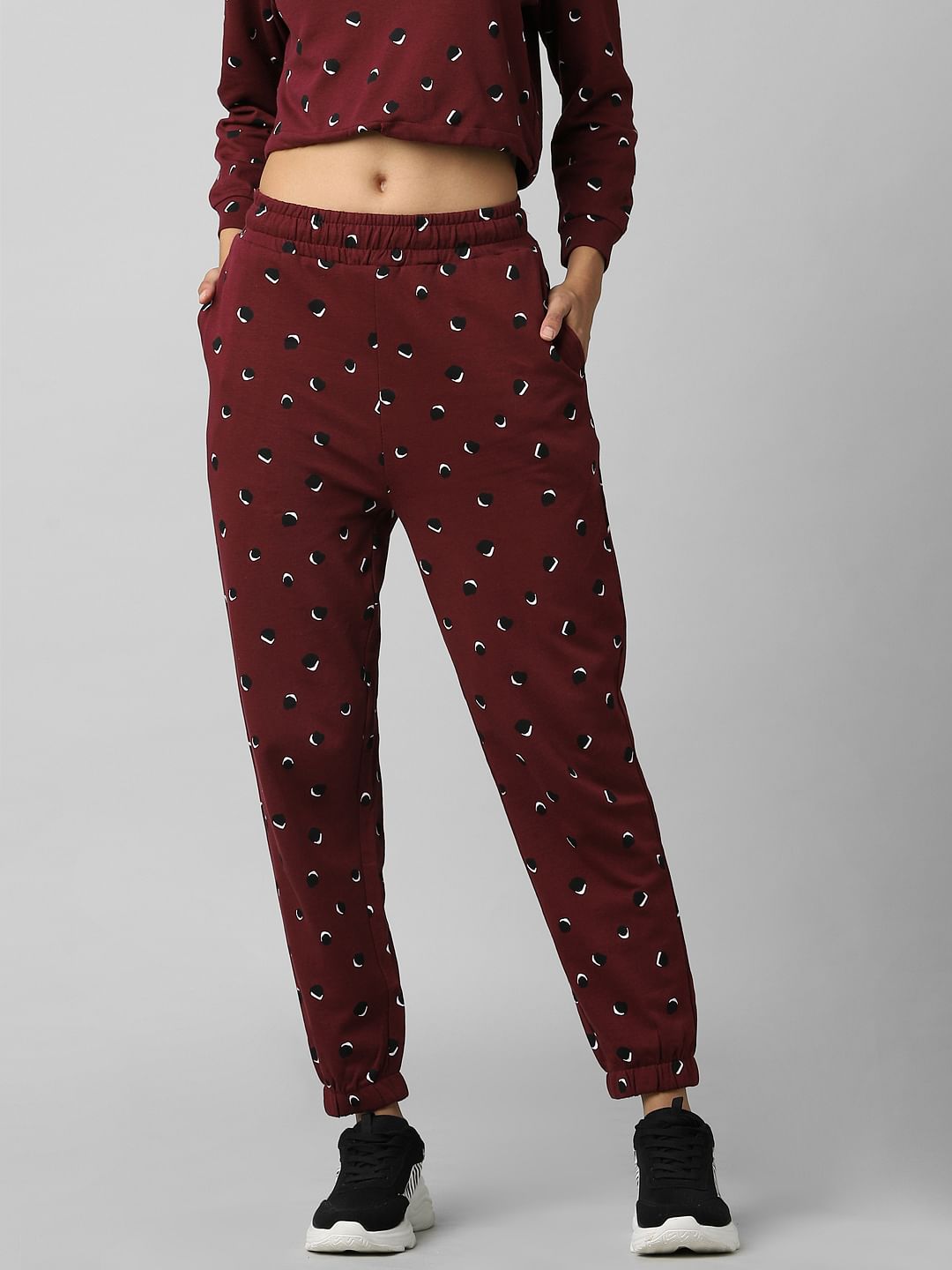 Maroon Mid Rise Printed Co-Ord Joggers