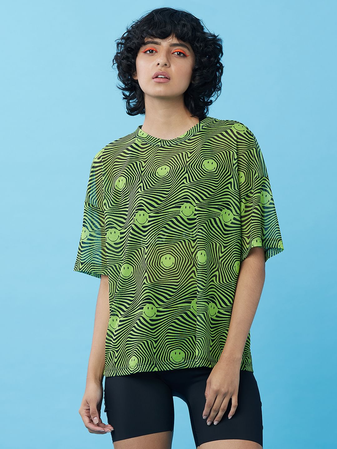 Only X Smiley   Green Printed Mesh Top