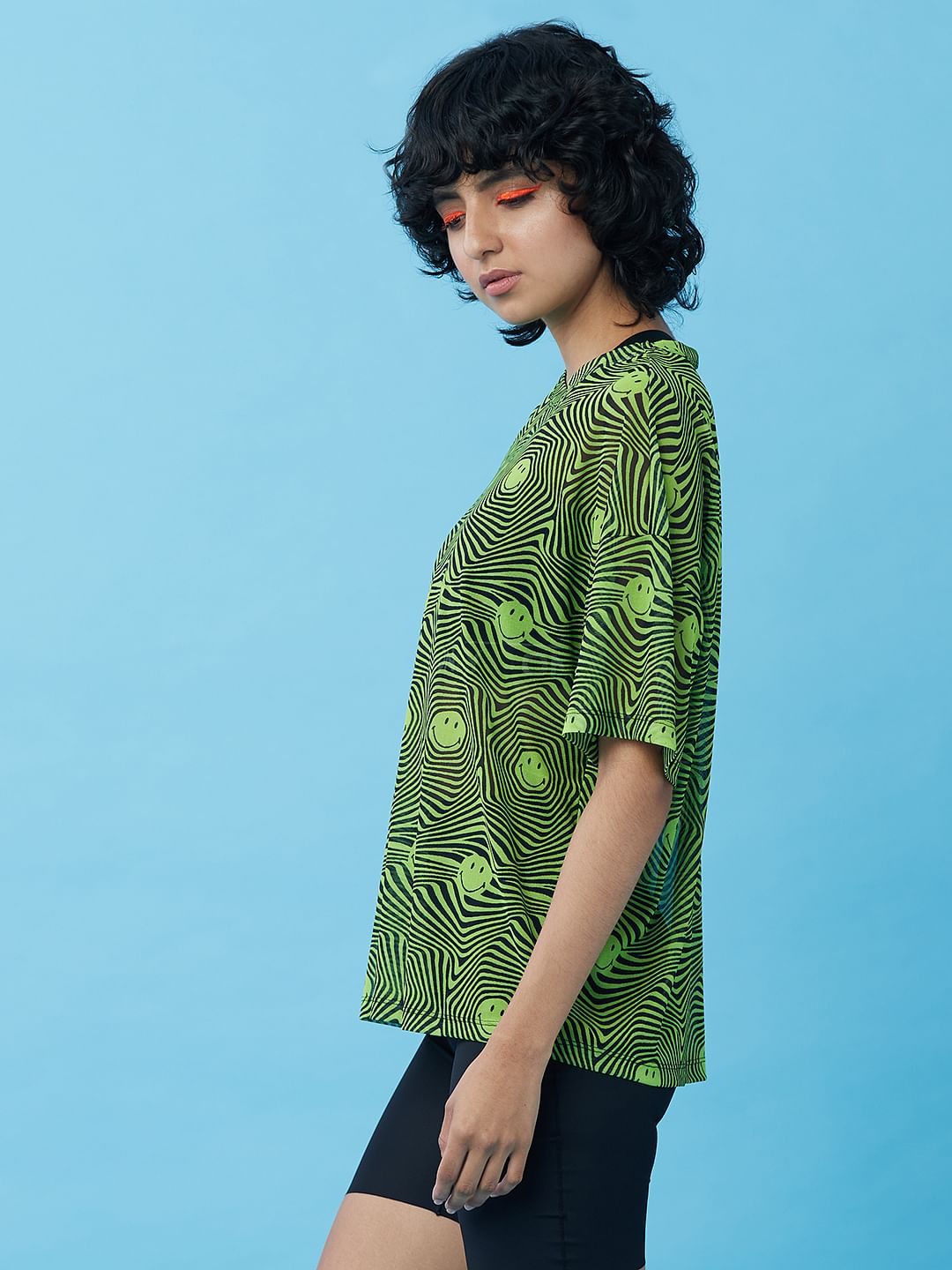 Only X Smiley   Green Printed Mesh Top