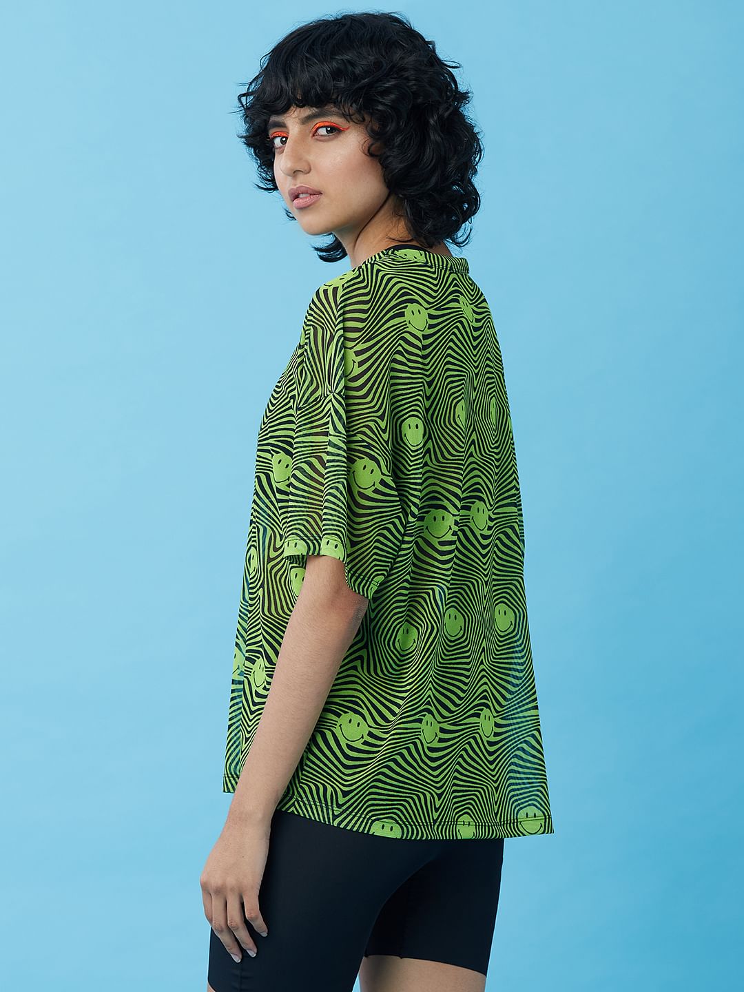 Only X Smiley   Green Printed Mesh Top