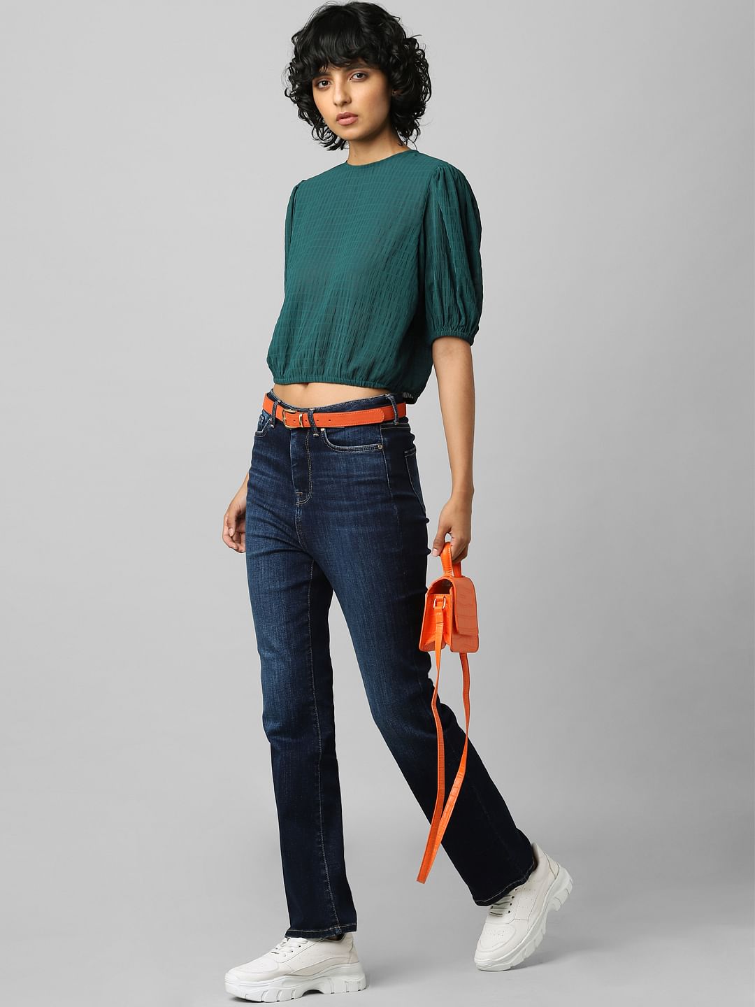 Green Textured Cropped Top