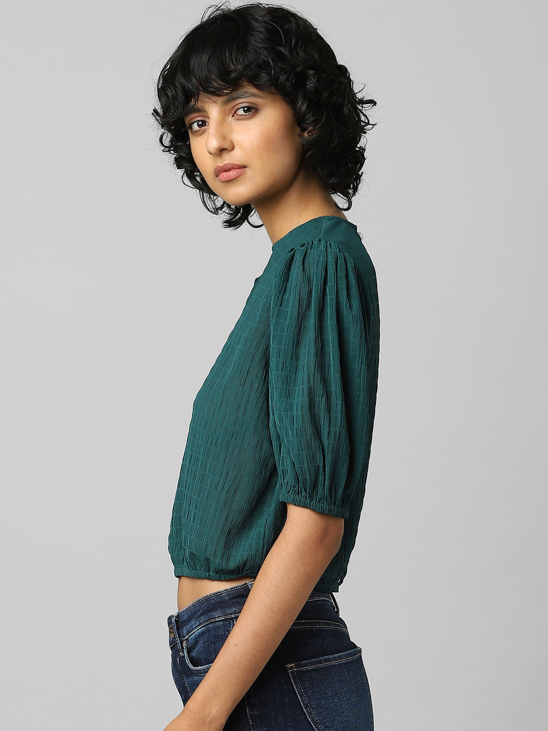 Green Textured Cropped Top