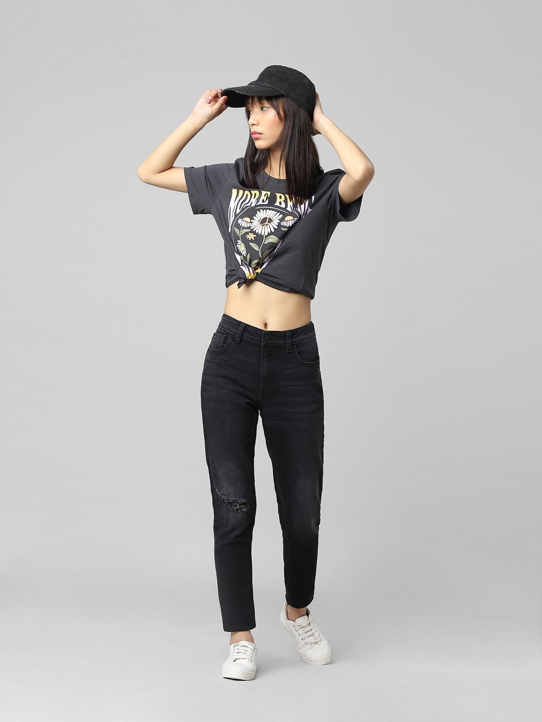 Black Mid Rise Distressed Skinny Jeans