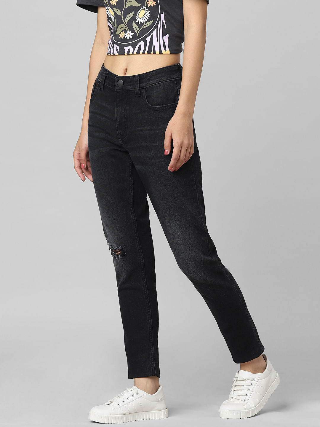 Black Mid Rise Distressed Skinny Jeans