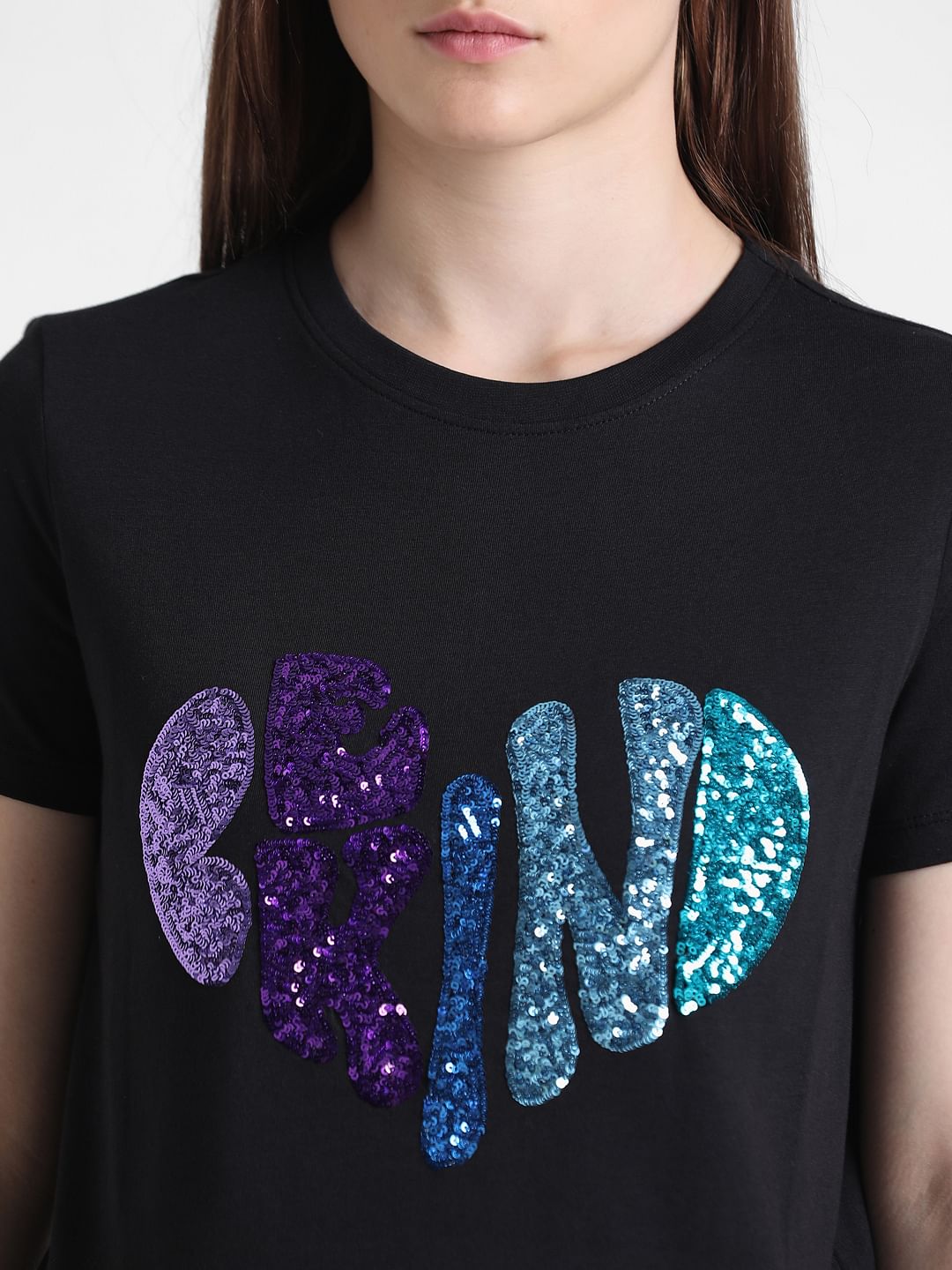 Black Sequin Text T-Shirt