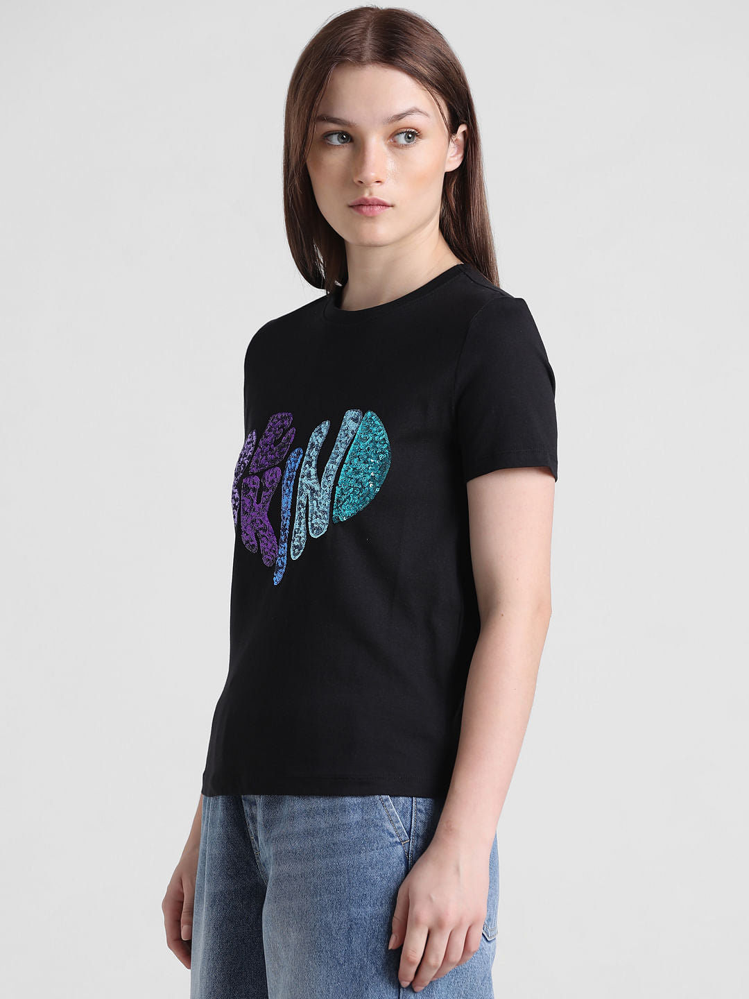 Black Sequin Text T-Shirt