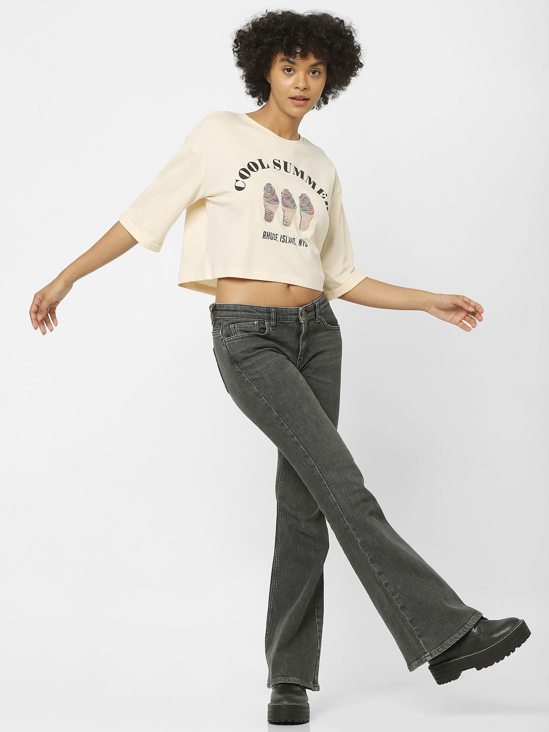 Beige Embellished Boxy T-Shirt