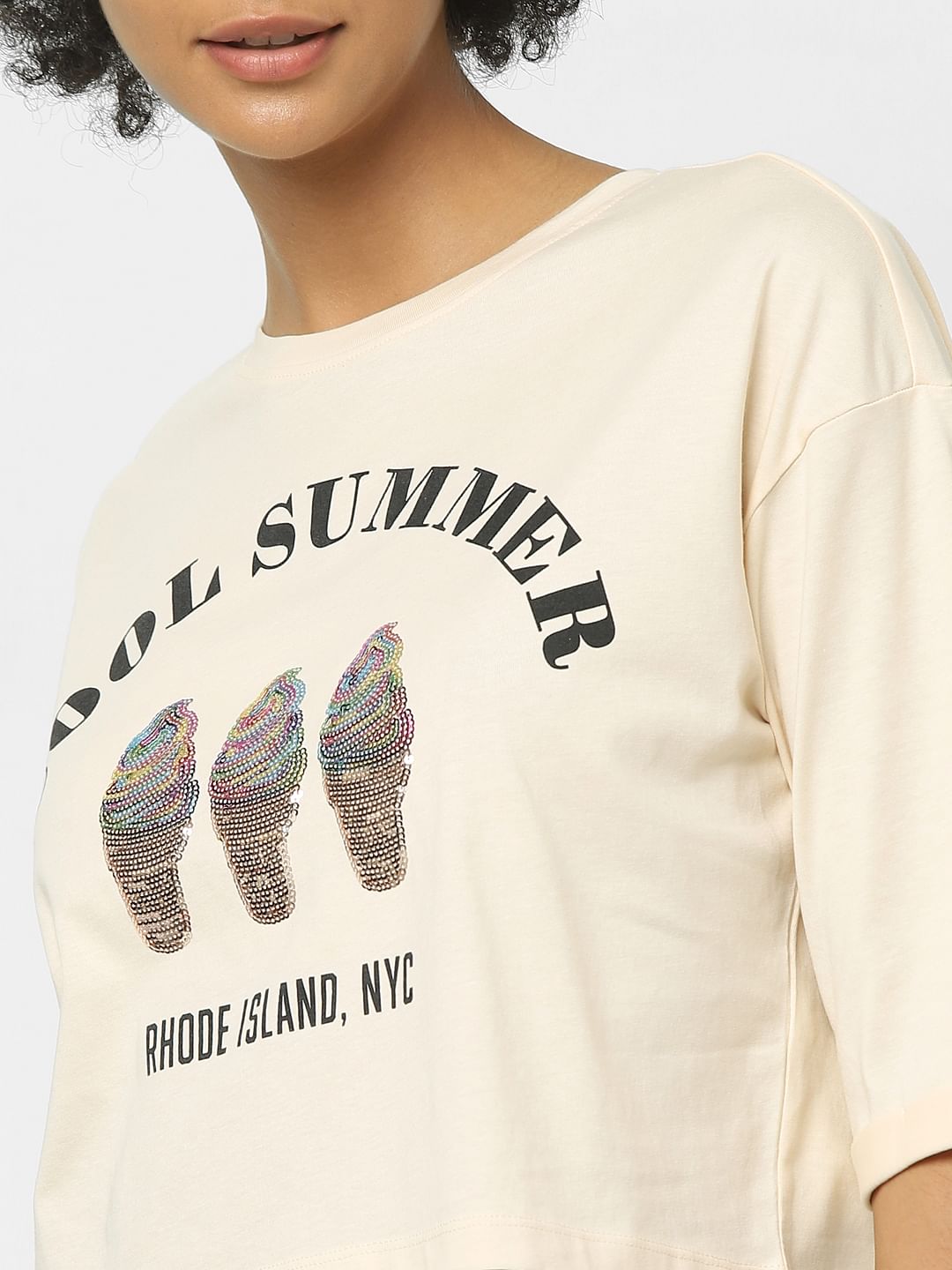 Beige Embellished Boxy T-Shirt