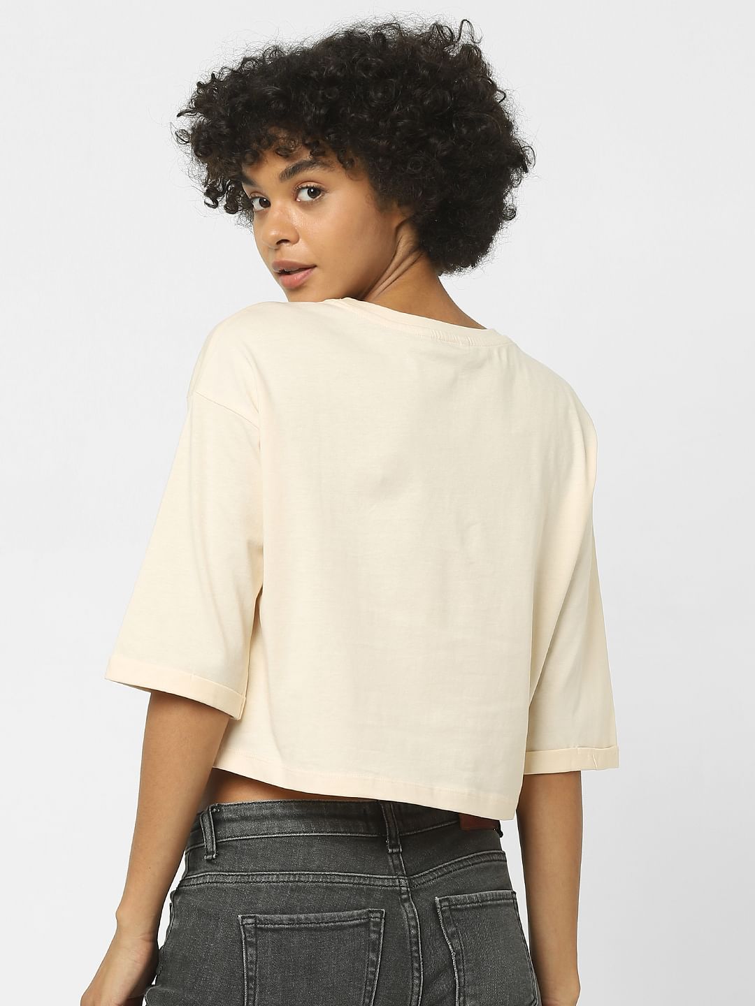 Beige Embellished Boxy T-Shirt