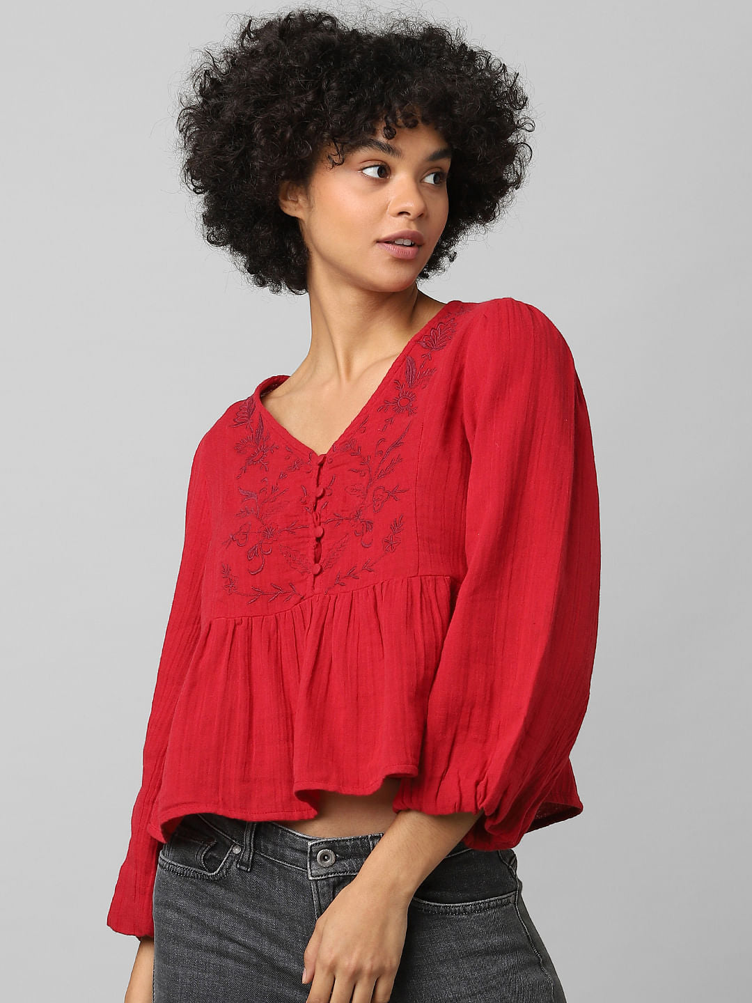 Red Embroidered Flared Top