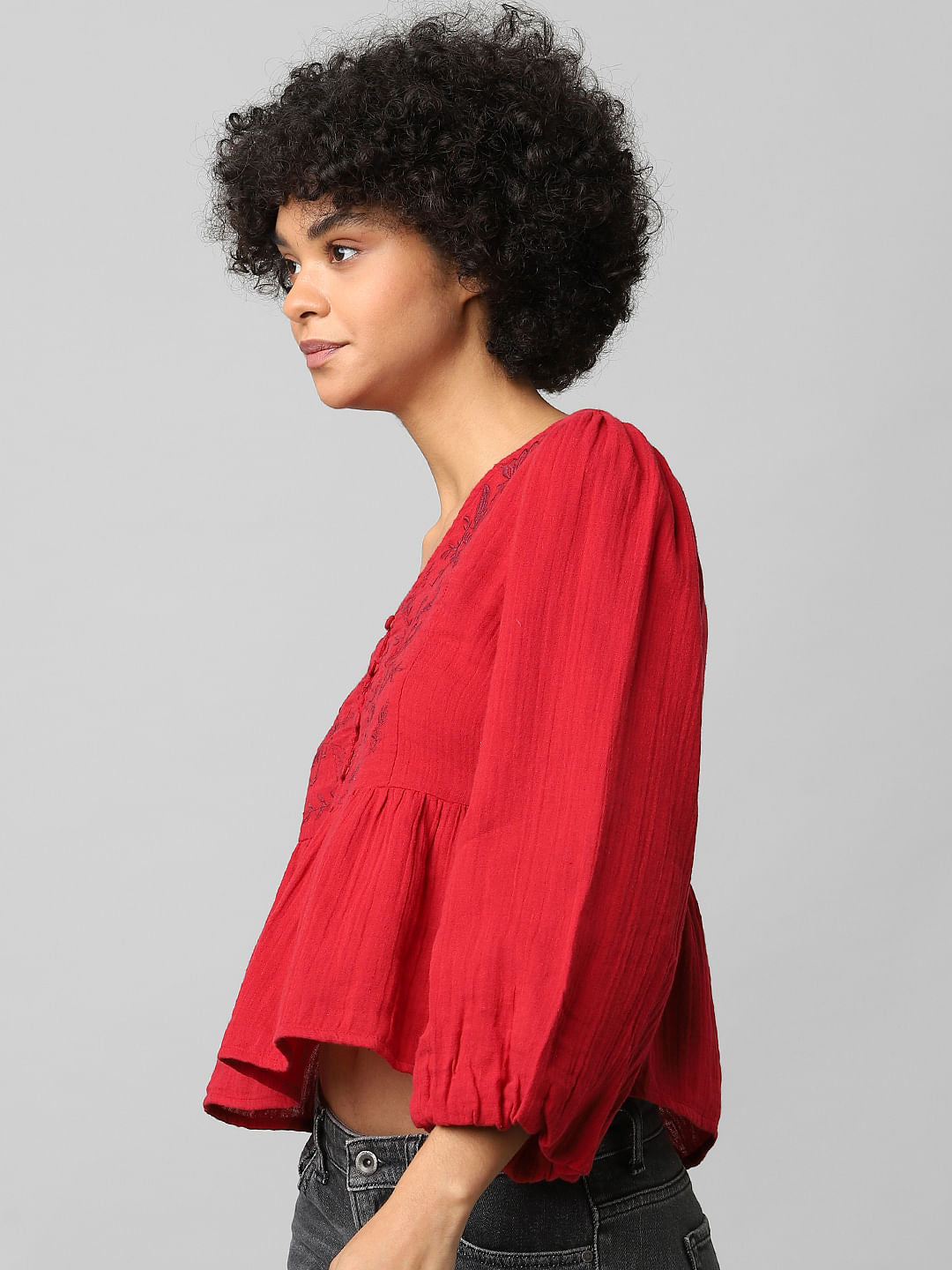 Red Embroidered Flared Top