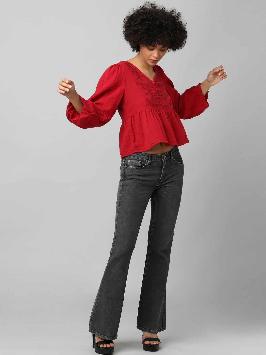 Red Embroidered Flared Top