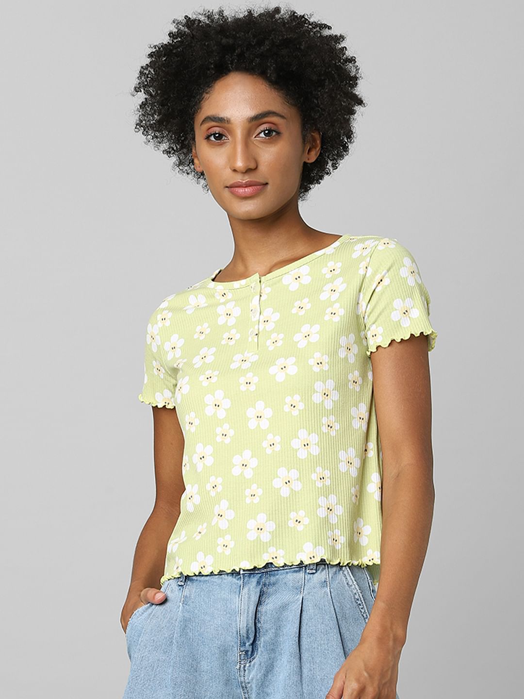 Green Floral Ribbed T-Shirt