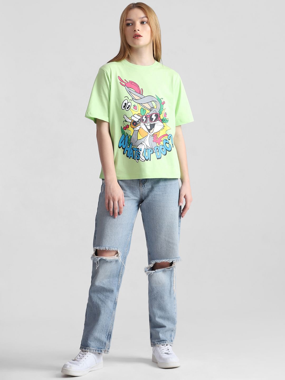 Only X Looney Tunes Fluorescent Green Printed T-Shirt