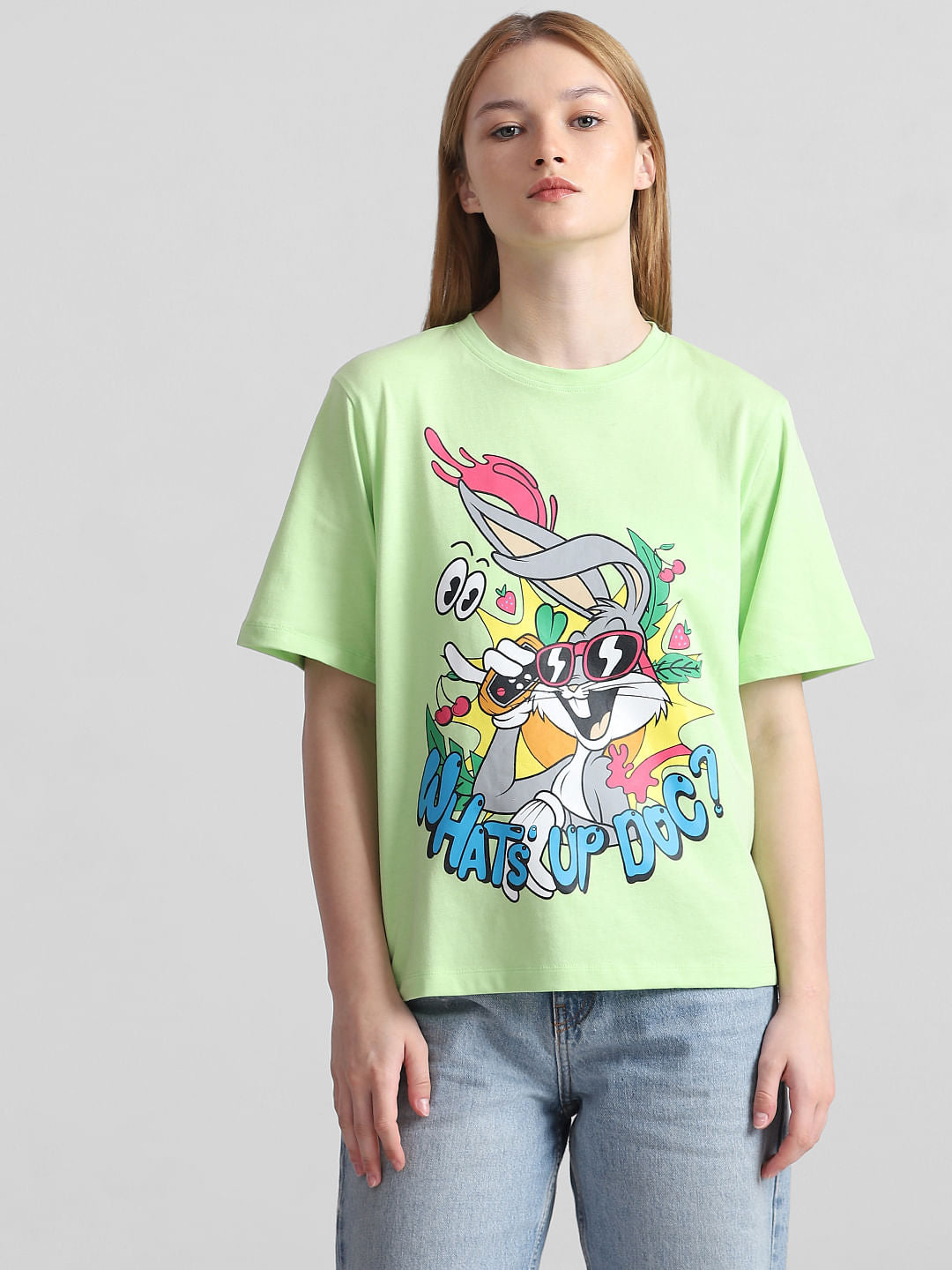 Only X Looney Tunes Fluorescent Green Printed T-Shirt