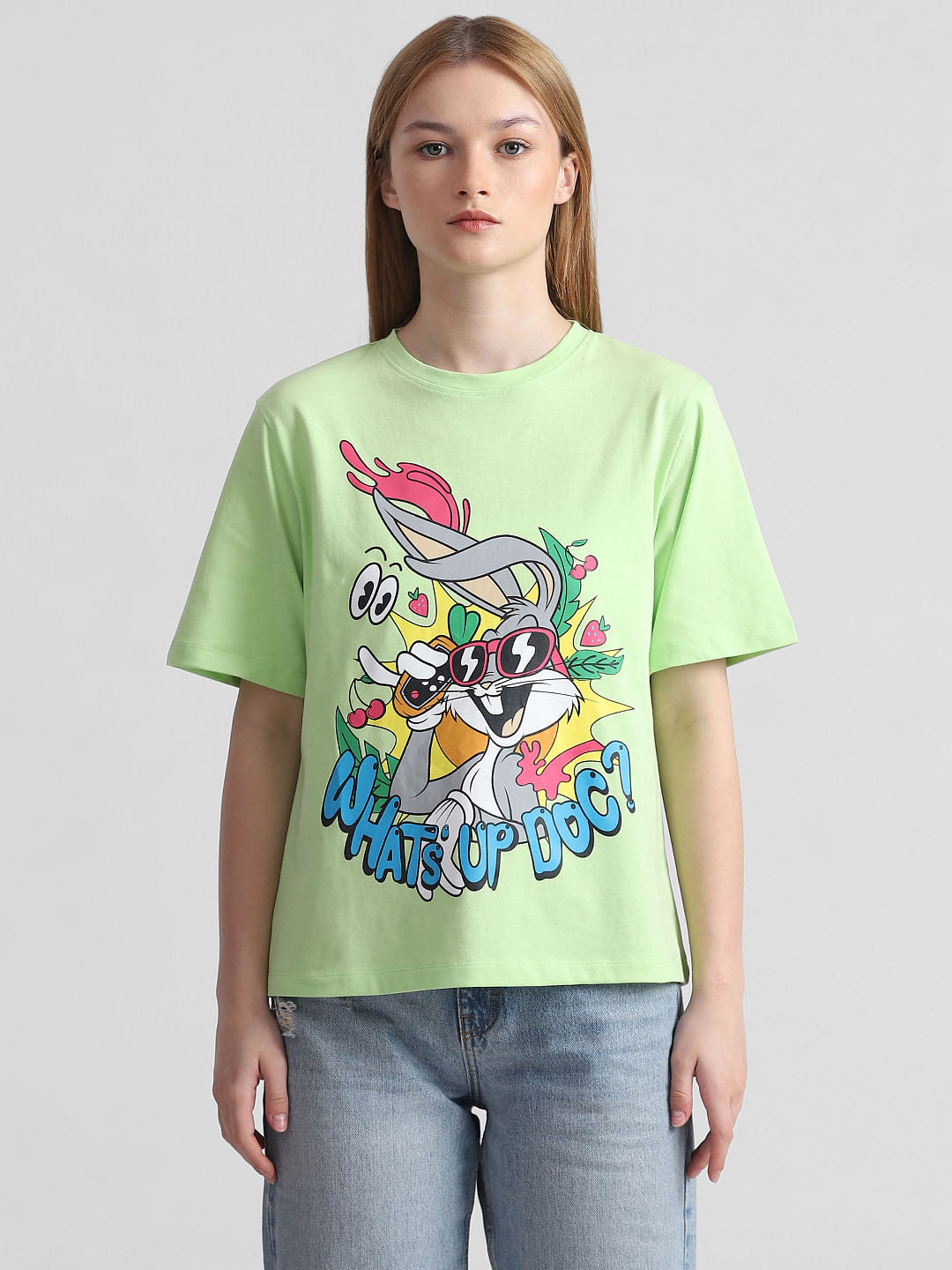 Only X Looney Tunes Fluorescent Green Printed T-Shirt