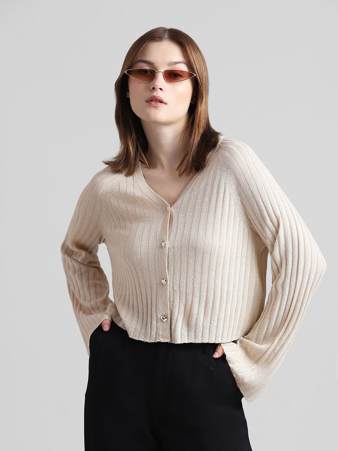 Beige Rib-Knit Cardigan