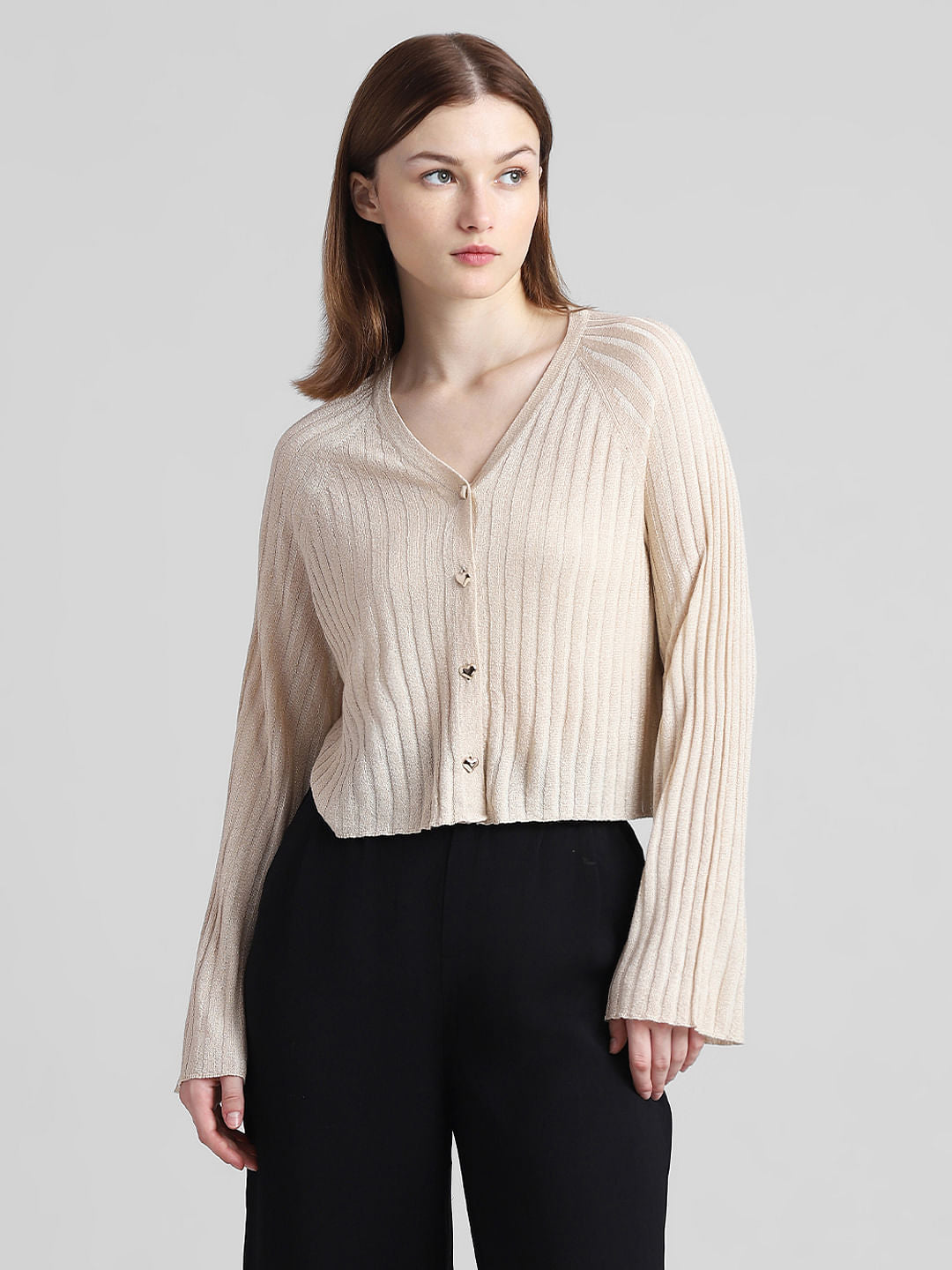Beige Rib-Knit Cardigan