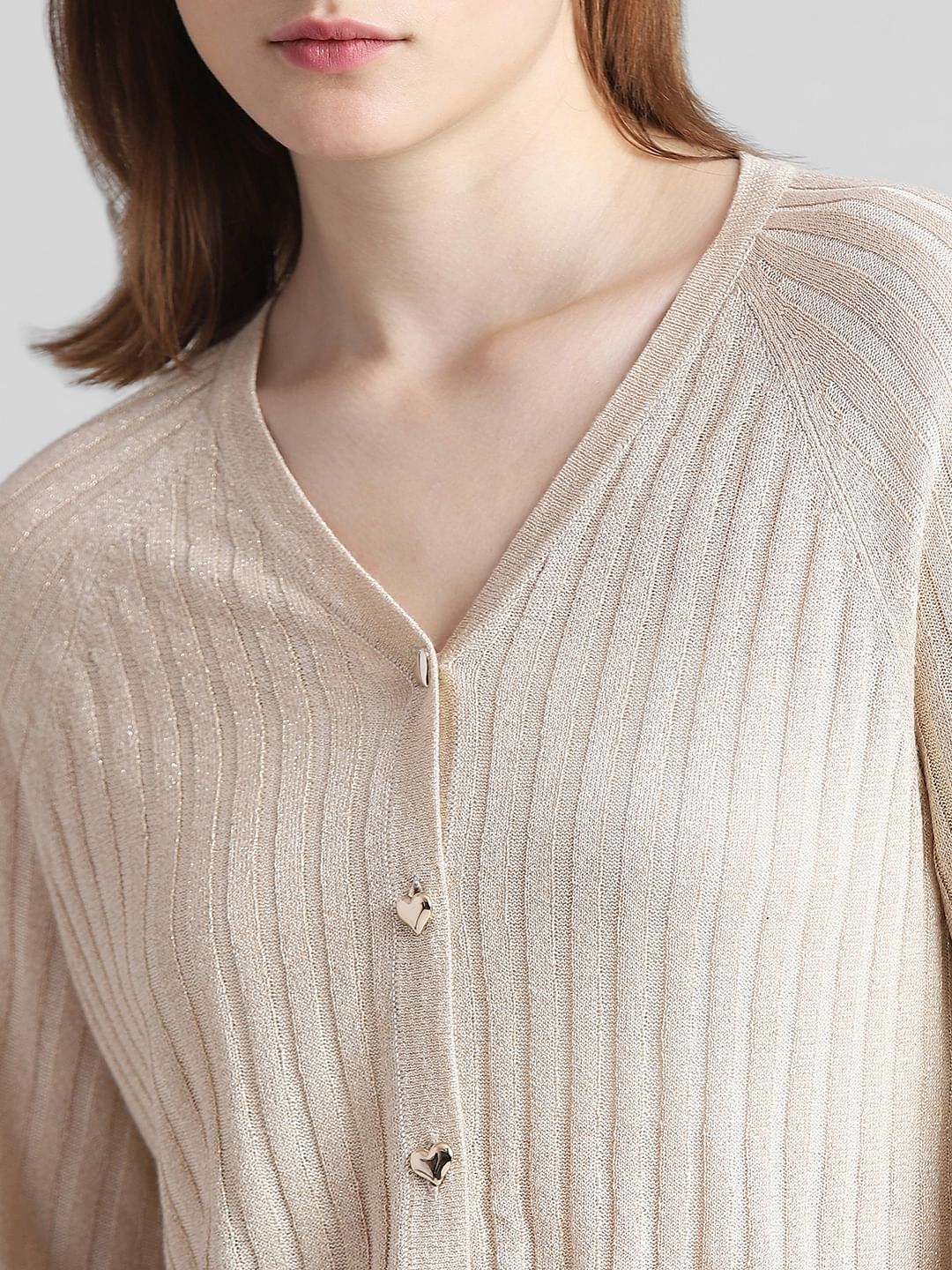 Beige Rib-Knit Cardigan