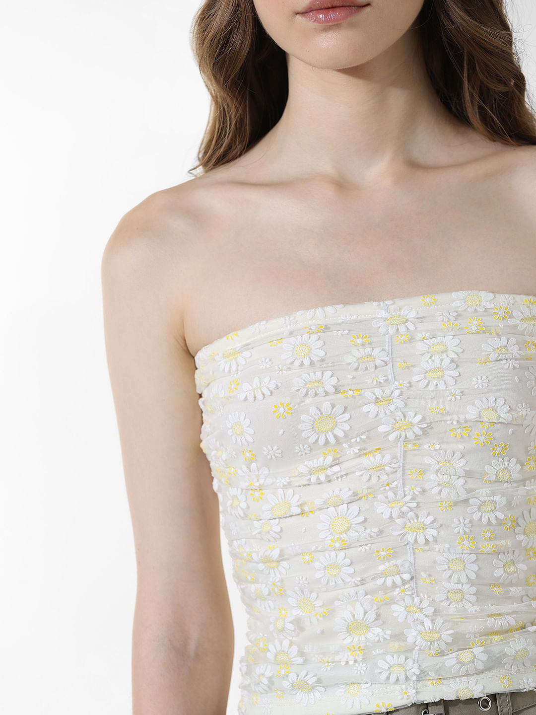White Floral Mesh Tube Top