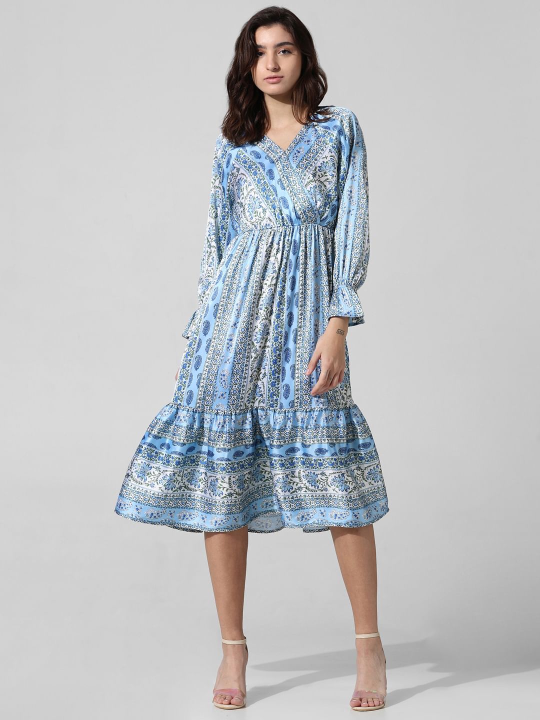 Blue Printed Satin Wrap Dress