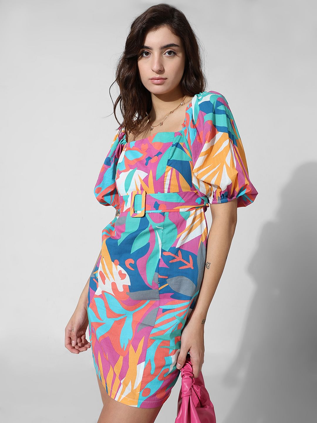 Multi-Colour Belted Cotton Dress