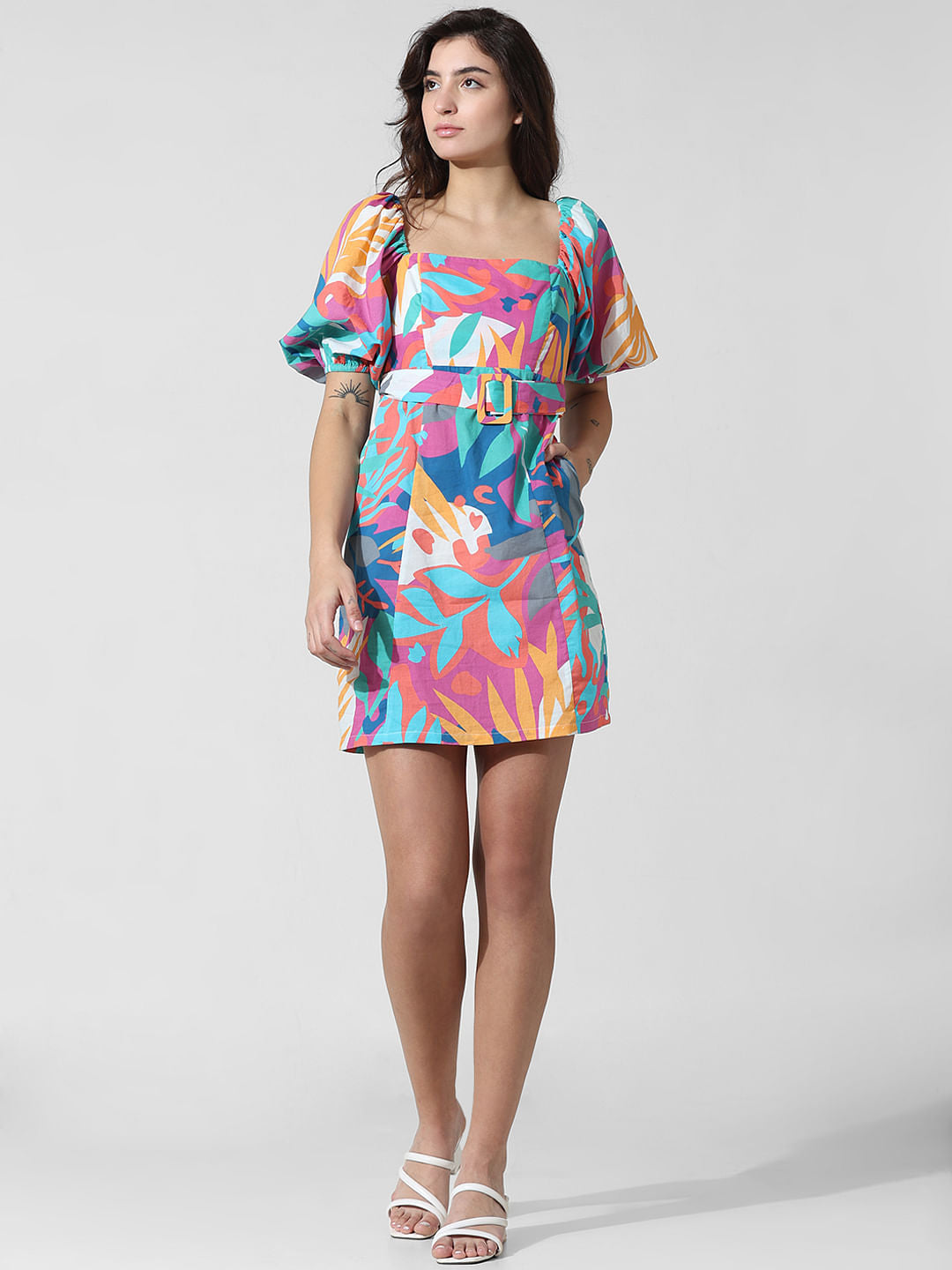 Multi-Colour Belted Cotton Dress