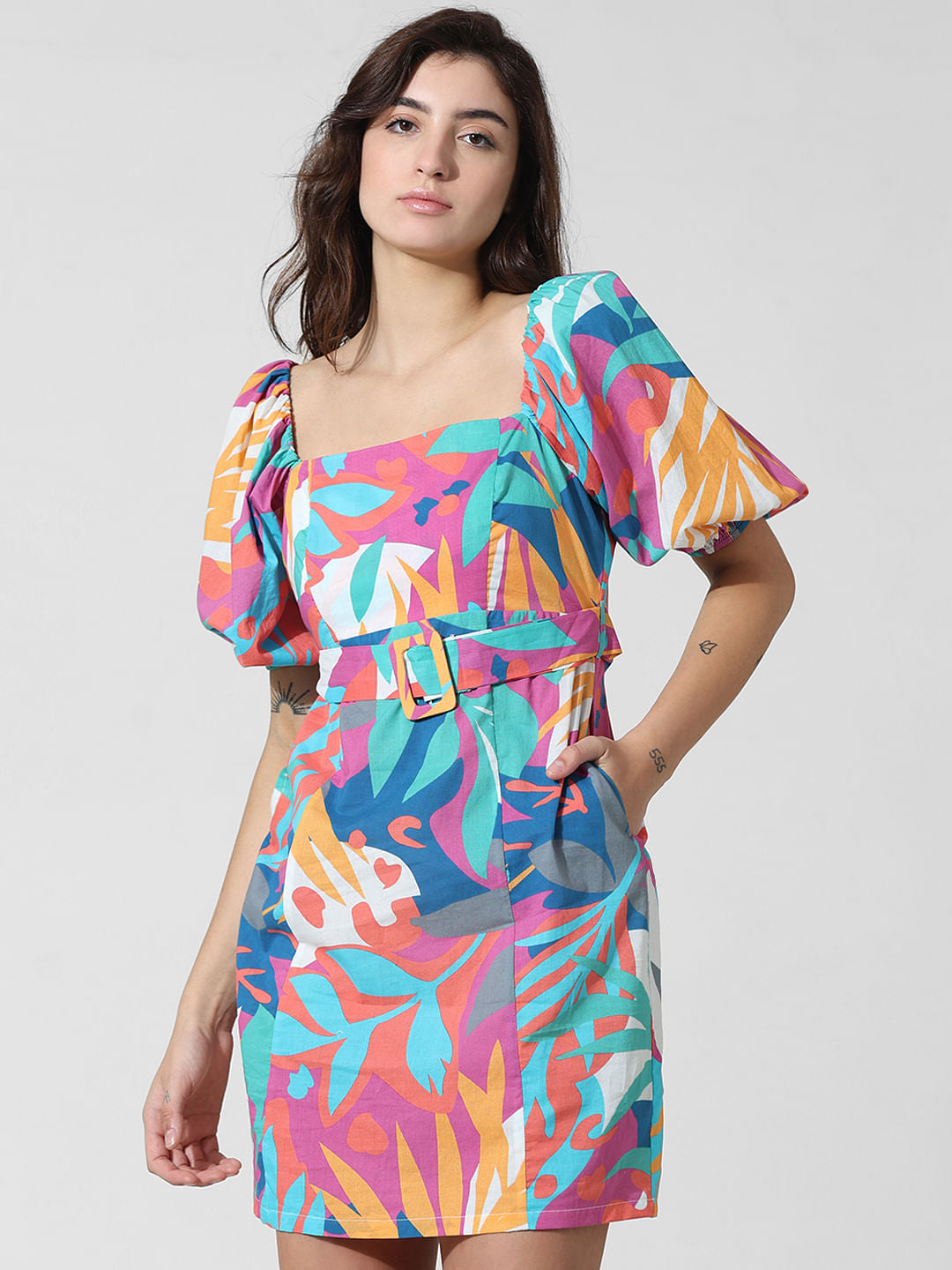 Multi-Colour Belted Cotton Dress