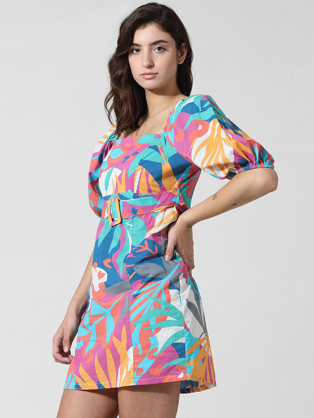 Multi-Colour Belted Cotton Dress