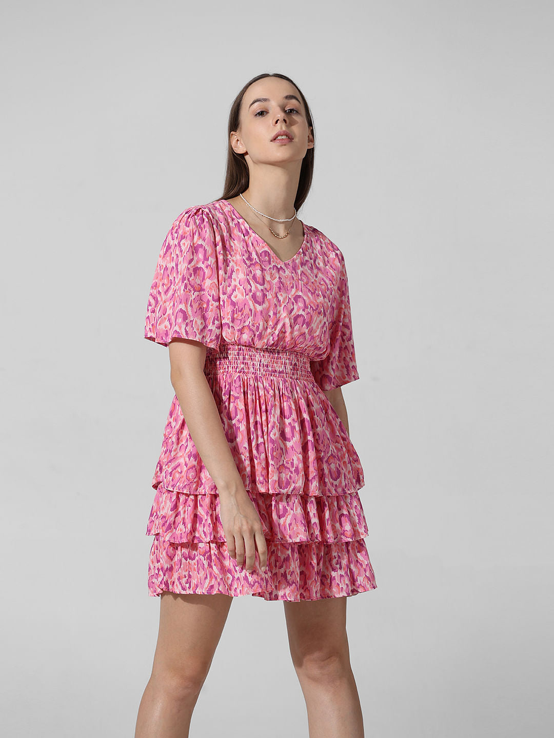 Pink Abstract Print Smocked Dress