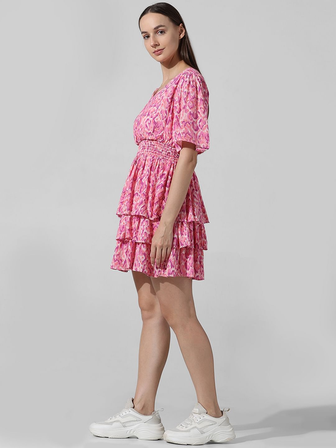 Pink Abstract Print Smocked Dress