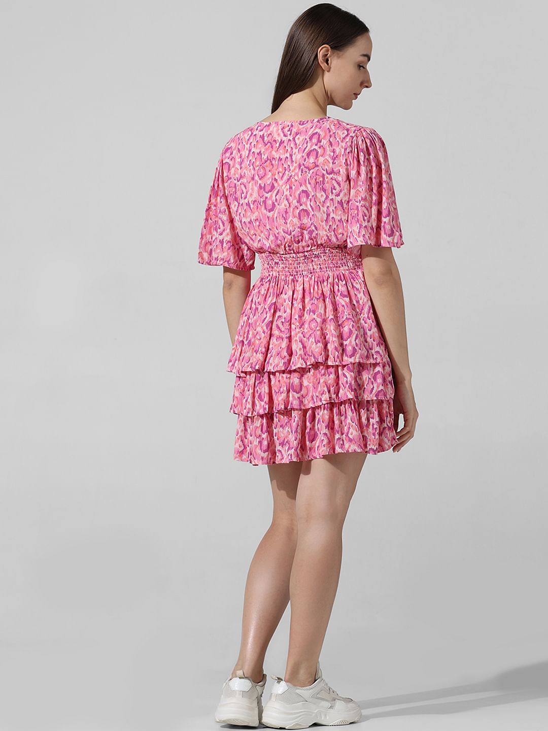 Pink Abstract Print Smocked Dress