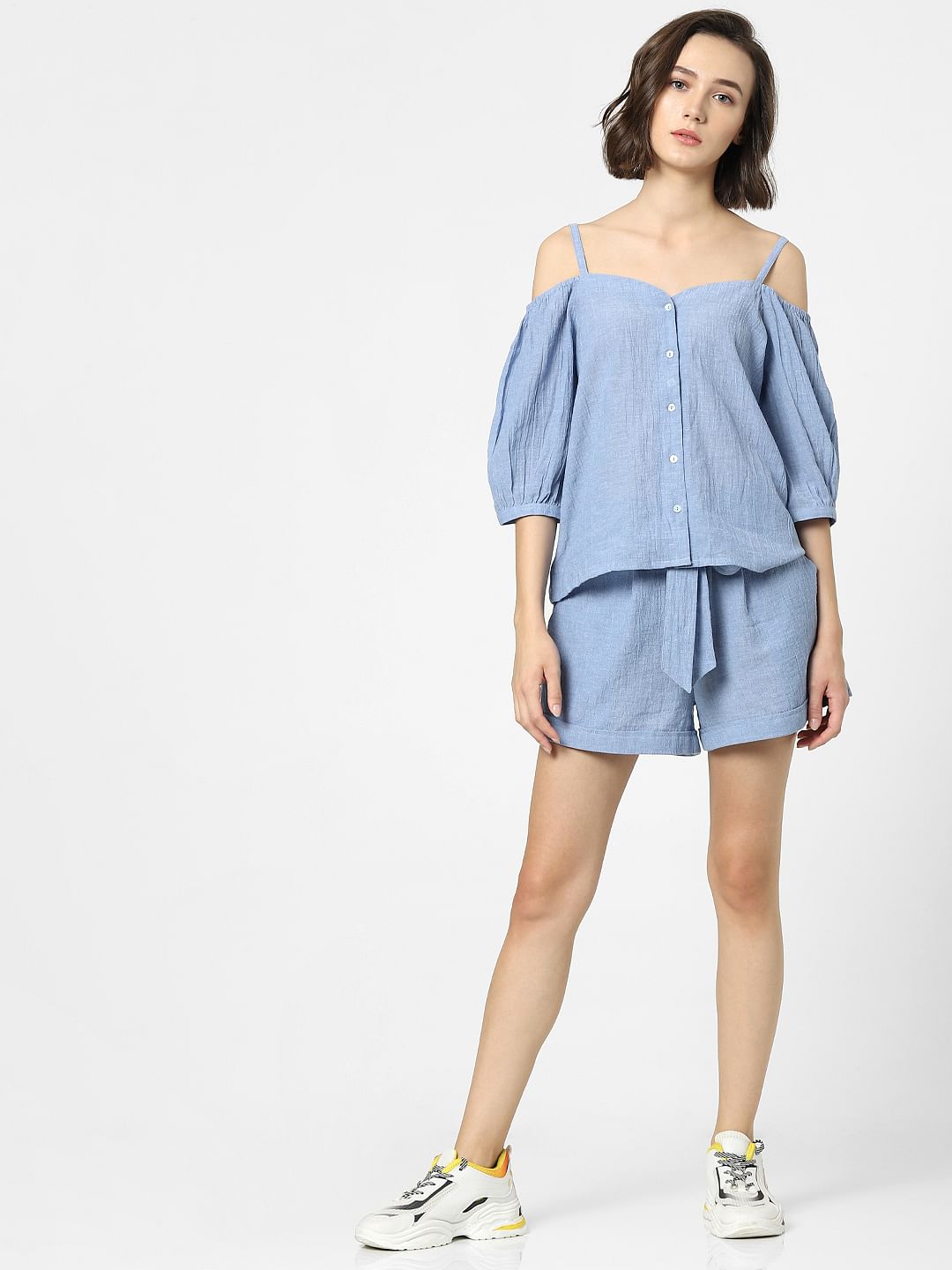 Blue Cold Shoulder Co-Ord Top