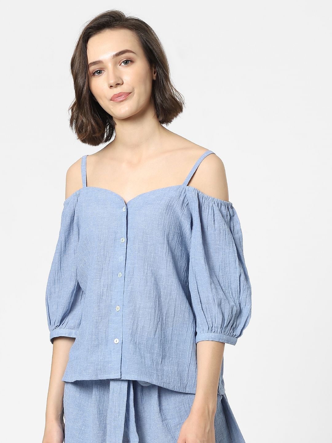 Blue Cold Shoulder Co-Ord Top